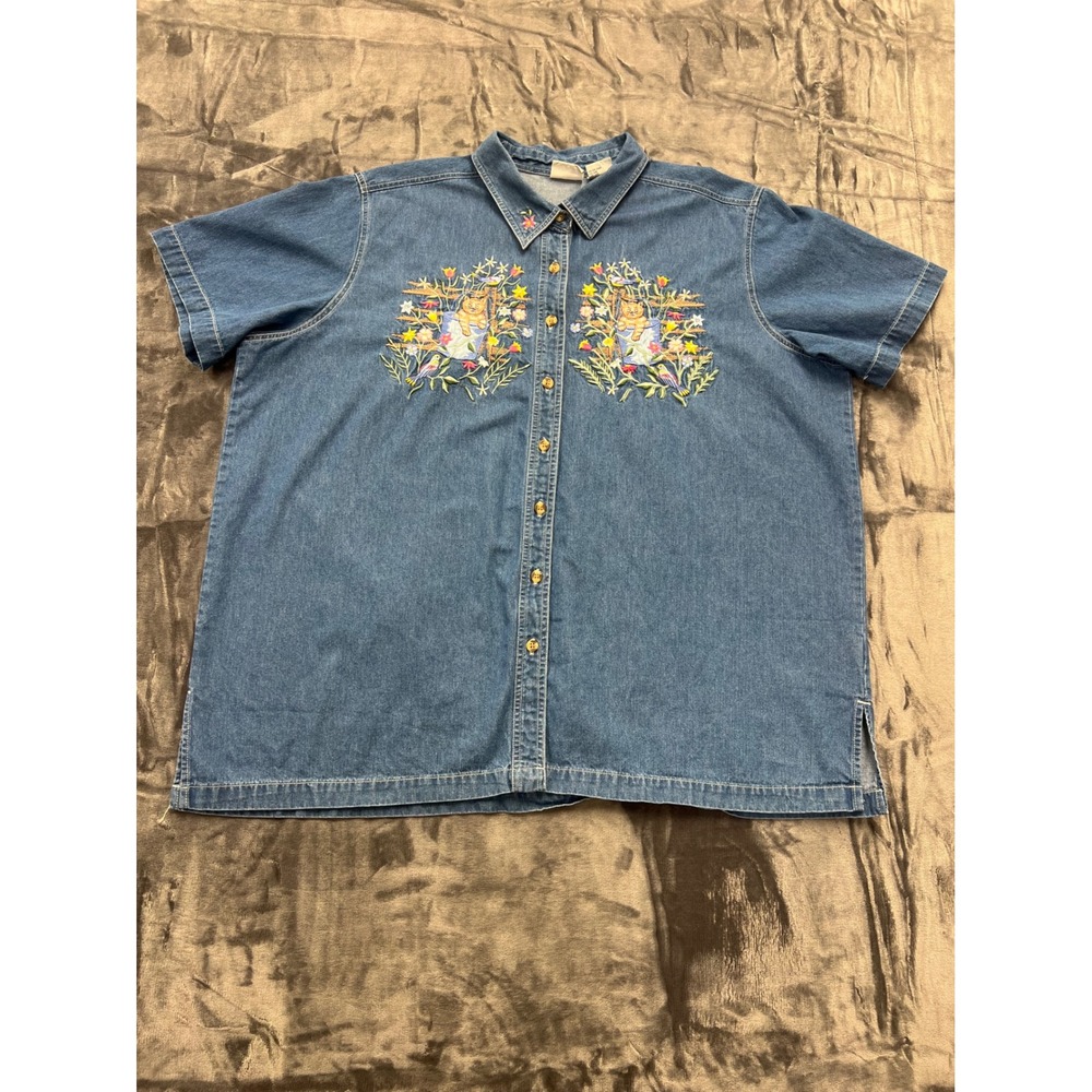 Bobbie Brooks Woman Denim Shirt Cute Cat Floral Embroidery Short Sleeve Size 22W
